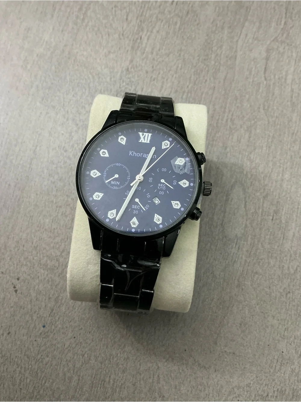 Khorasan Unisex Analog Quartz Watch Black Dial Black Metal Bracelet Roman